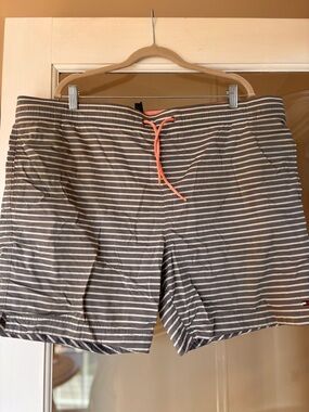 Tommy Hilfiger Gray and White Striped Swim Trunks with Coral Drawstring